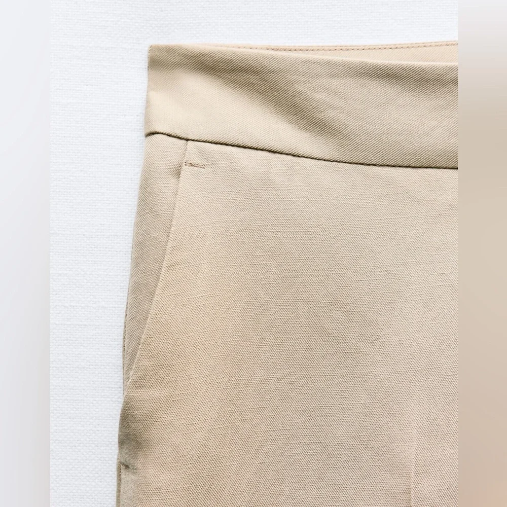 NWT. Zara Beige Viscose/Linen Blend Slim Fit High-Waisted Trousers. Size M.
